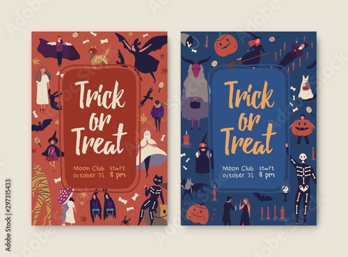 Trick or treat hand drawn posters template. Halloween party invitation with spooky flat illustrations. Autumn holiday leaflet. Horror Helloween red and blue placards design layout with lettering.