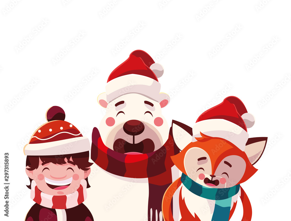 card of christmas with boy and animals in white background card of christmas with boy and animals in white background