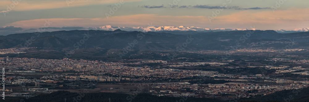 Panoramic view of Pyrenees from top of Tibidabo, Barcelona