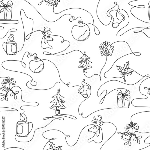 One line drawing Christmas seamless pattern with fir, gift box, reindeer, mistletoe, cup of hot beverage, stocking, ball decoration, snowflake. Continuous line art minimalist winter background. Vector