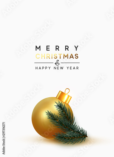 Merry Christmas and Happy New Year. Xmas Background with gold ball bauble, realistic pine and spruce branches. Greeting card, banner, poster. vector illustration