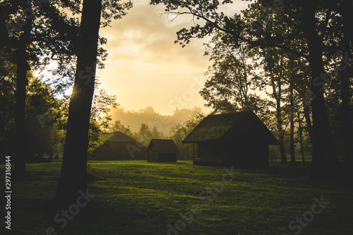 Little house standing in forest sunrise fog
