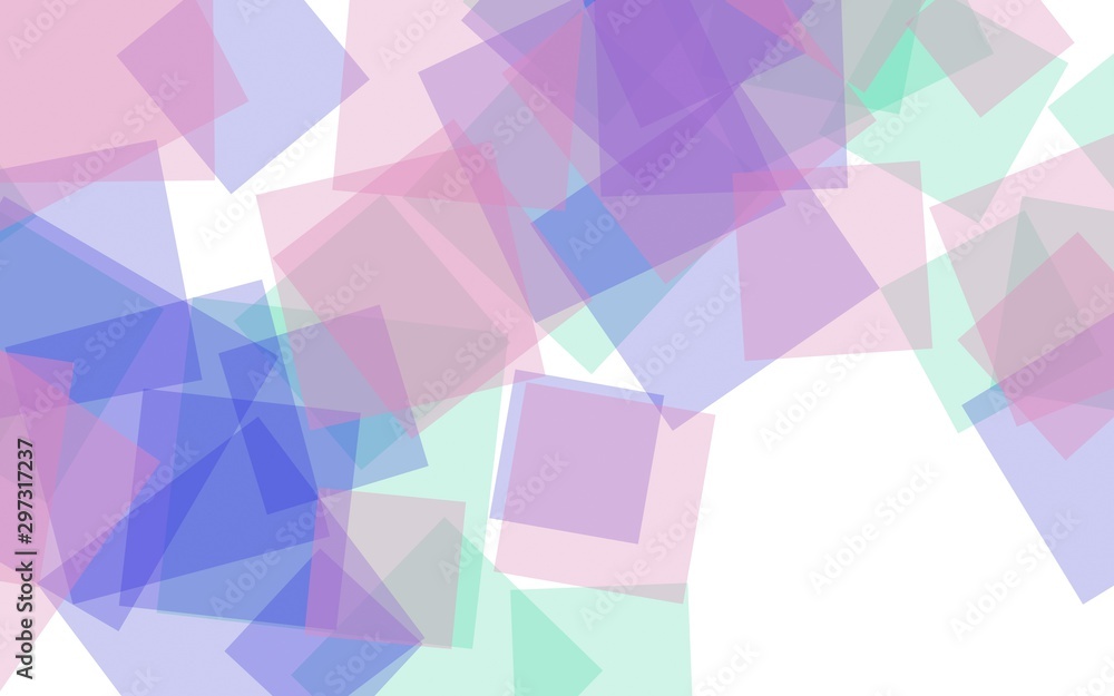 Multicolored translucent squares on white background. Pink tones. 3D illustration