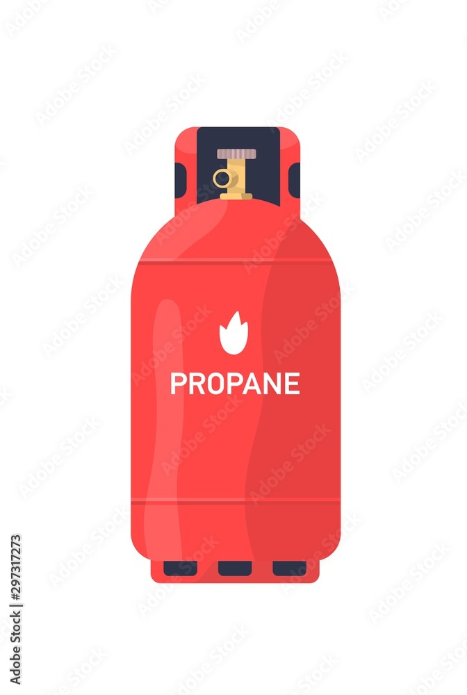 Propane red tank flat vector illustration. Industrial lng cylinder. Compressed, liquefied gas storage, metal balloon with valve. Steel canister, container for flammable gas isolated on white. Propane red tank flat vector illustration. Industrial lng cylinder. Compressed, liquefied gas storage, metal balloon with valve. Steel canister, container for flammable gas isolated on white.