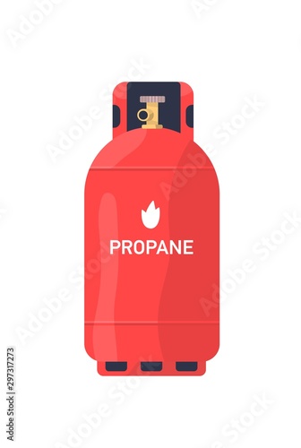Propane red tank flat vector illustration. Industrial lng cylinder. Compressed, liquefied gas storage, metal balloon with valve. Steel canister, container for flammable gas isolated on white.