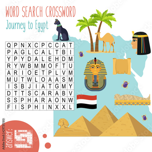 Easy word search crossword puzzle 'Journey to Egypt', for children in elementary and middle school. Fun way to practice language comprehension and expand vocabulary. Includes answers. 