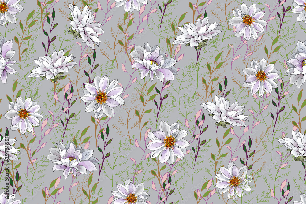 Pretty Floral Seamless Pattern with White Dahlias and Branch on Gray Background. For Textile, Wallpapers, Print, Greeting. Vector Illustration. Pretty Floral Seamless Pattern with White Dahlias and Branch on Gray Background. For Textile, Wallpapers, Print, Greeting. Vector Illustration.