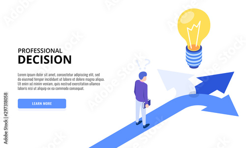 Choice process. Direction choose options, solution, decision. Man thinking. Web banner. Isometric vector illustration.
