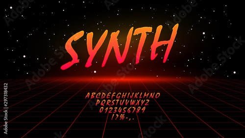 Retrowave synthwave vaporwave orange gradient font in 1980s style. Design letters, numbers, symbols on starry space with laser grid background. Eps 10