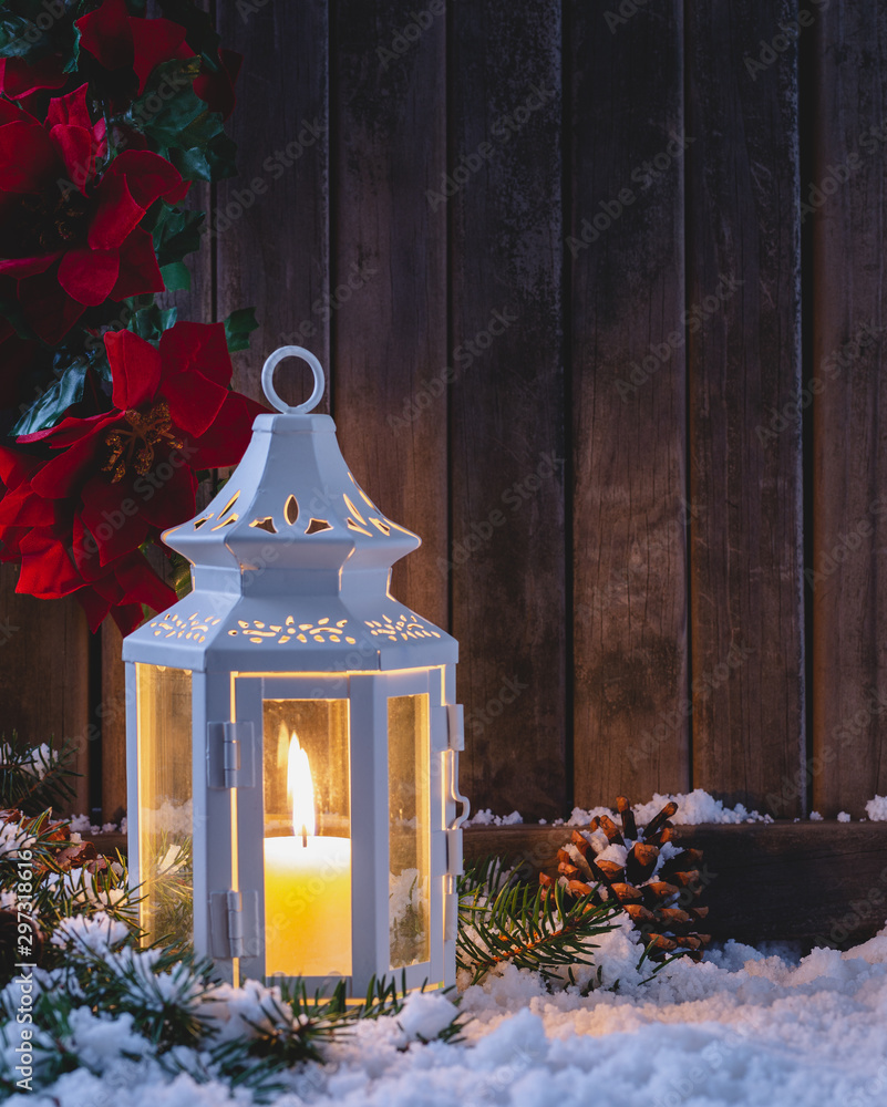 Christmas Lantern With Burning Candle - obrazy, fototapety, plakaty 