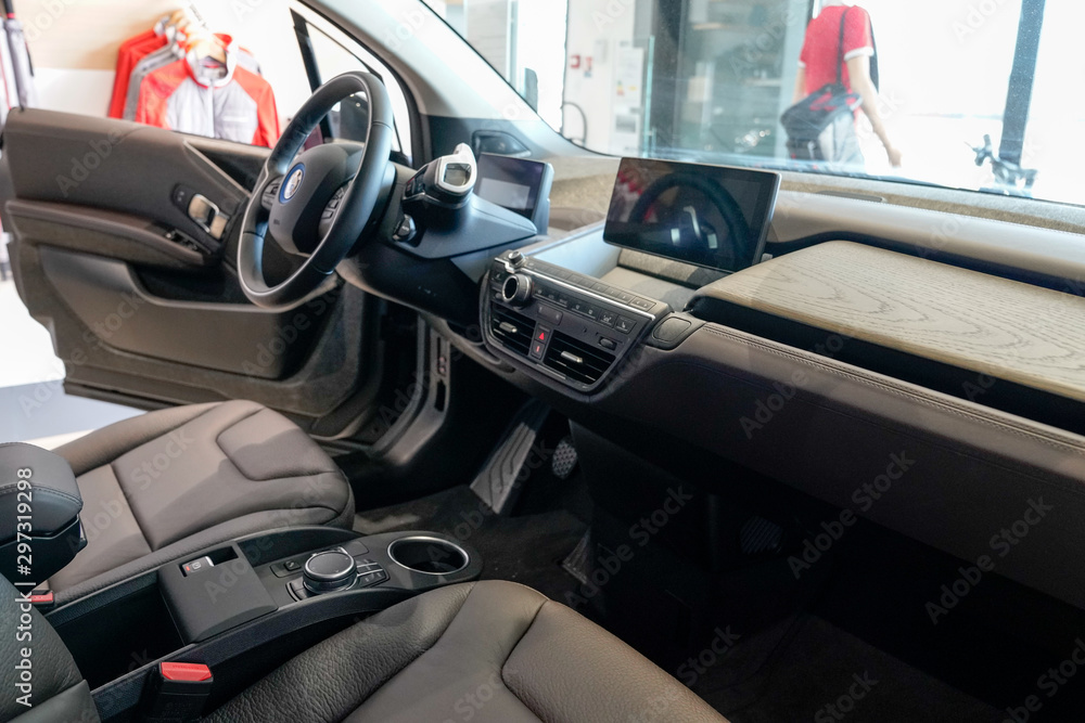 BMW Electric Dashboard Wheel detail of i3 Electric Car open five door