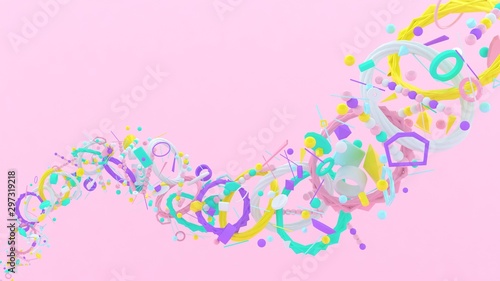 3d shapes background. Abstract wallpaper. Flying geometric objects. Trendy modern illustration. 3d rendering. Falling shapes. Plastic. Minimal style. Pink. Colorful.