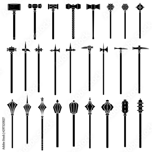 Set of simple monochrome images of medieval war hammers and maces.
