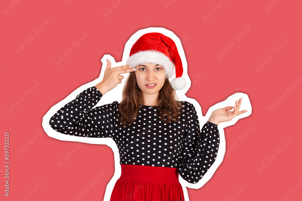 Annoyed and displeased woman in dress shrugging and holding fingers on temple. emotional girl in santa claus christmas hat Magazine collage style with trendy color background. holiday concept Annoyed and displeased woman in dress shrugging and holding fingers on temple. emotional girl in santa claus christmas hat Magazine collage style with trendy color background. holiday concept
