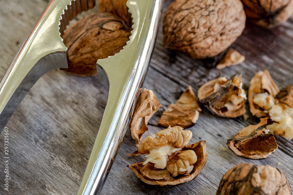Fototapeta premium Close-up, shallow focus image of freshly cracked Walnuts seen with a metal Nutcracker. Fragments of the shells are seen on the wooden table.