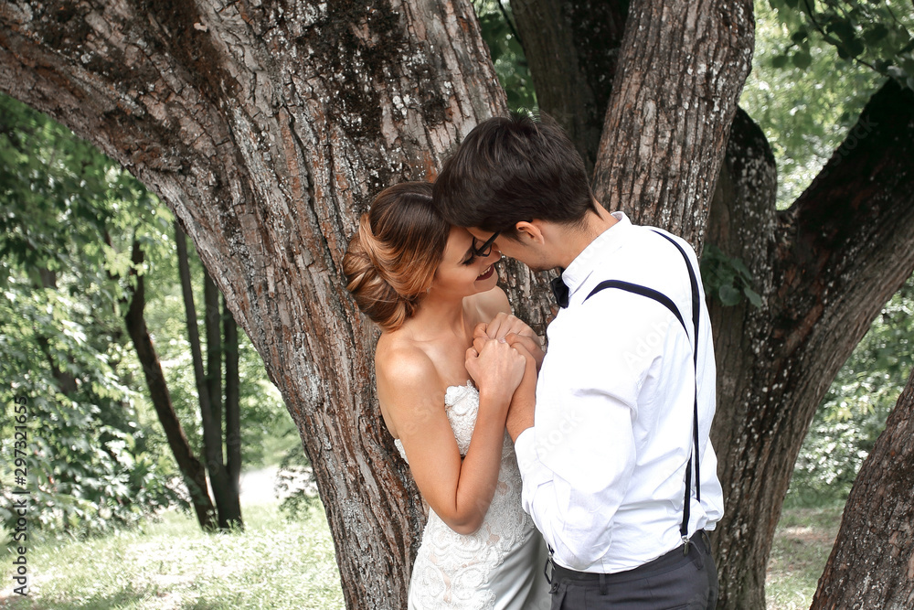 happy newlyweds kiss near a large spreading tree happy newlyweds kiss near a large spreading tree