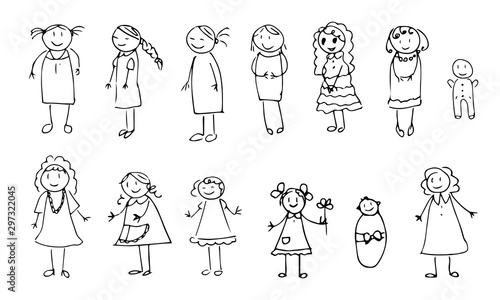 Happy kids hand drawing doodle character set. 