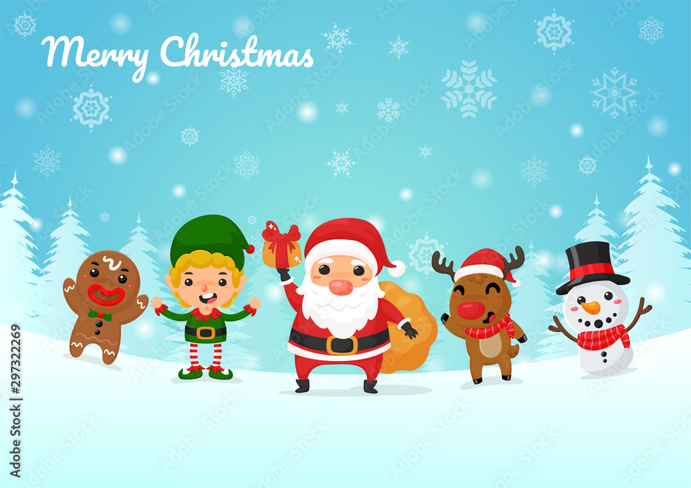 Christmas Cartoon Vector Santa's cartoon characters, reindeer, elves and snowmen give Christmas presents.