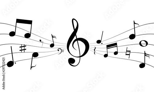 Musical concept background. Treble clef, notes and other music symbols