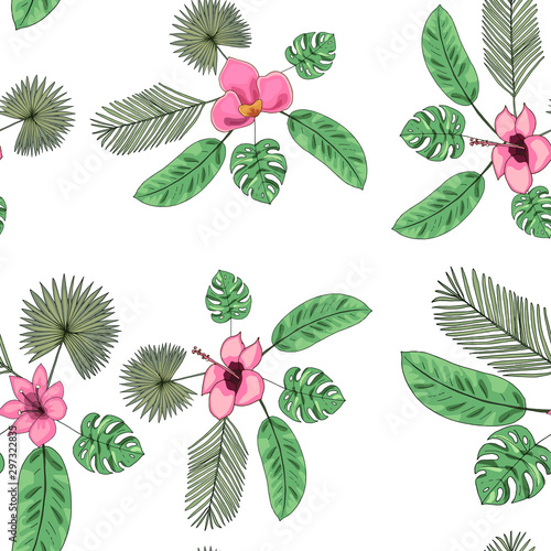 seamless pattern with tropical plants and flowers