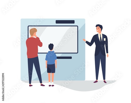 Customers near promotional stand flat vector illustration