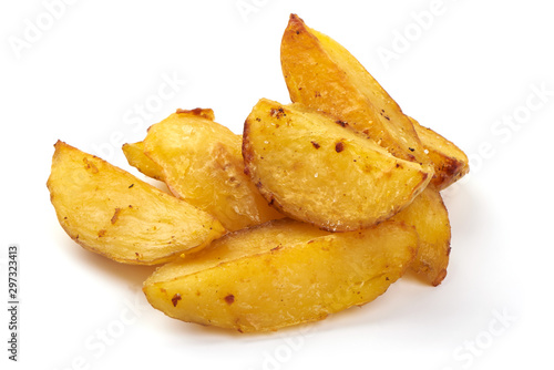 Baked potato wedges, fried potatoes, isolated on white background