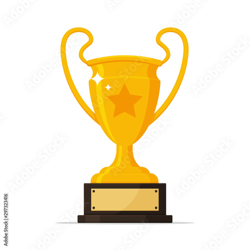 Trophy vector. Gold trophy with name plate of the winner of the sporting event.
