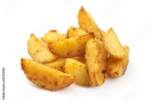Baked potato wedges, fried potatoes, isolated on white background