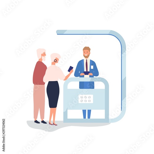 Customer choosing gadgets at promotional stall flat vector illustration. Salesman, promoter advertising electronics. Couple at exhibition stand and sales manager cartoon characters isolated on white.