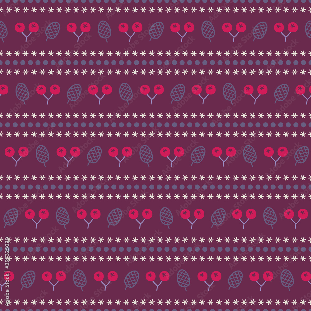 Christmas seamless pattern with stripes, dots, cones and berries