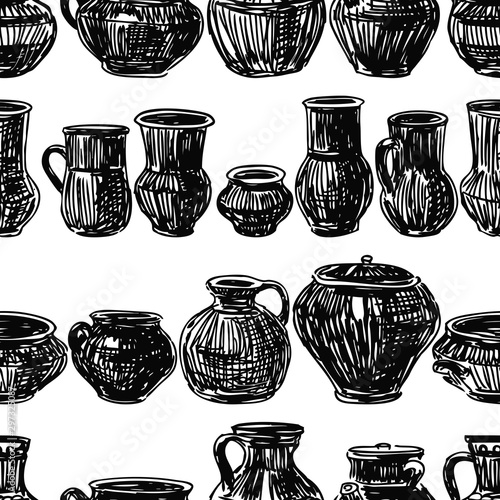 Seamless pattern of sketches of various clayware