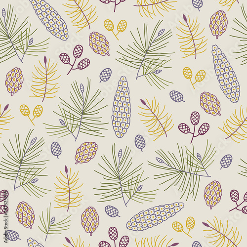 Canvastavla Christmas seamless pattern with fir branches and cones