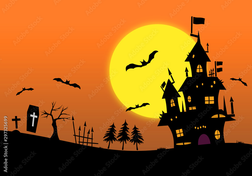 Halloween background material. Castle, bats and grave.  ハロウィンの背景素材