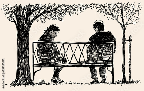 Sketch of citizen couple sitting on a park bench and talking