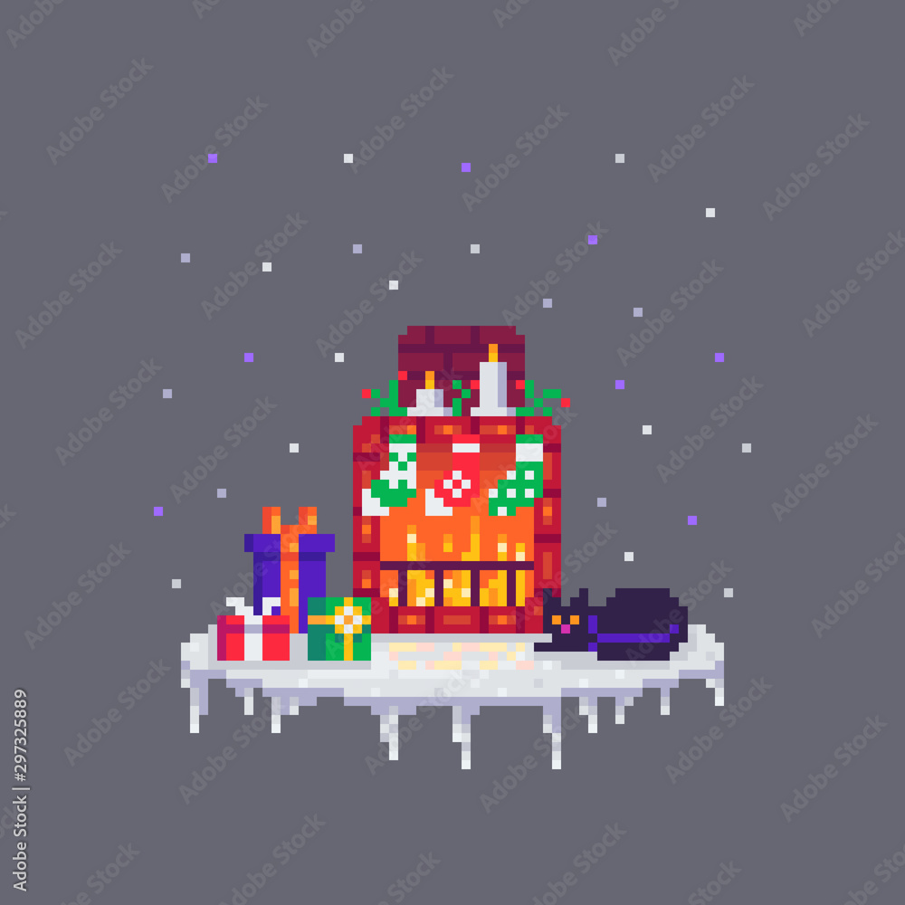 Pixel art Christmas sledge with gifts.