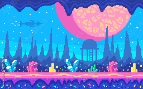 Crystals area on alien planet, Pixel art game location,