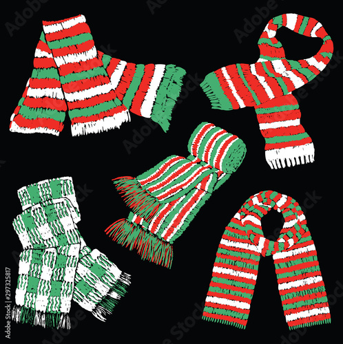 Vector drawing of set of wool knitted scarves