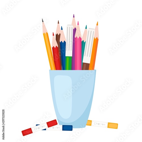 Art tools, stationery. Color pencils and markers stand in glass vector illustration