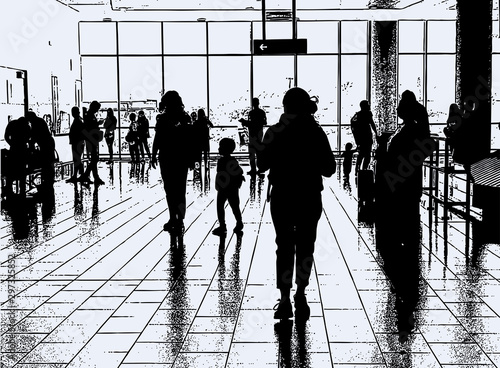 Vector drawing of silhouettes of traveling people in airport hall