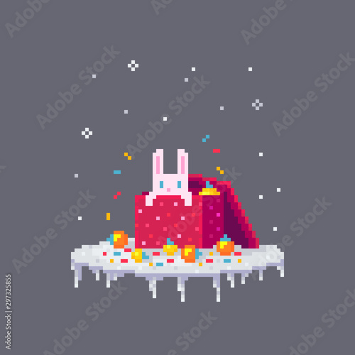Pixel art Christmas rabbit in the box.