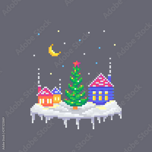 Pixel art snowy houses and Christmas fir tree in the center.