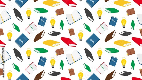 Books seamless pattern. Vector books and light bulbs seamless texture. Reading background