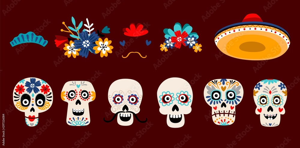 Mexican dead sugar heads. Floral wreath, hearts, hat and other accessorises. Vector funny skull images for day of the dead