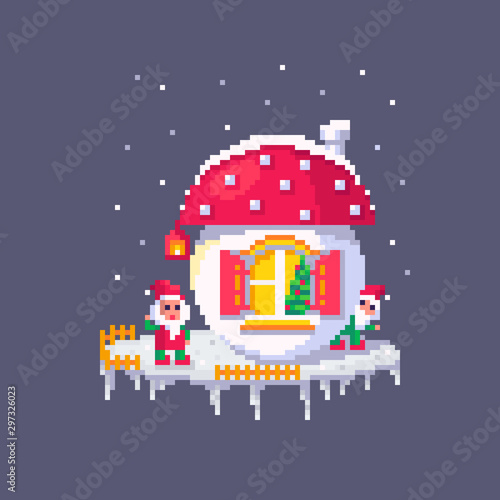 Pixel art Christmas gnomes and mushroom house.