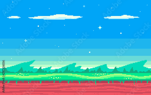 Cute meadow area with clouds, stars and mountains.