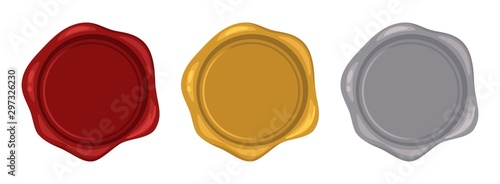 Red gold silver wax stamps. Decorative candle seal postage stamp set isolated on white, vector illustration