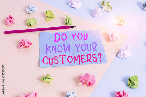 Conceptual hand writing showing Do You Know Your Customers question. Concept meaning asking to identify a customer s is nature Colored crumpled paper empty reminder blue yellow clothespin © Artur
