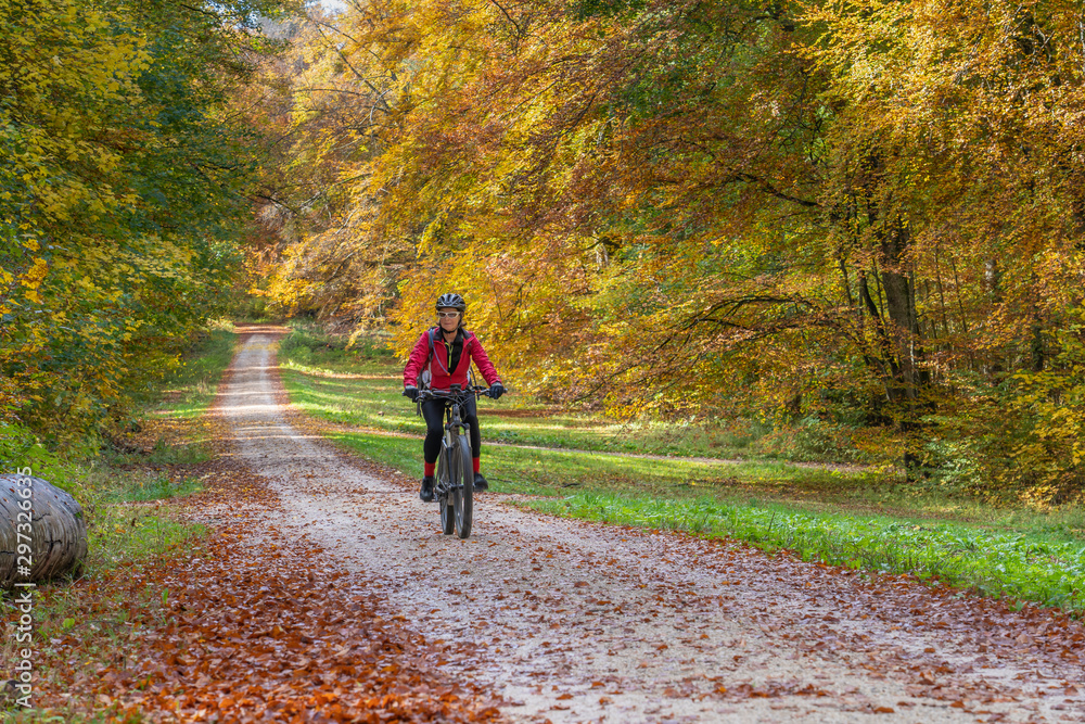 Fototapeta premium nice senior woman riding her electric mountain bike in a colorful autumn forest of the swabian Alb, Baden Wuerttemberg,Germany