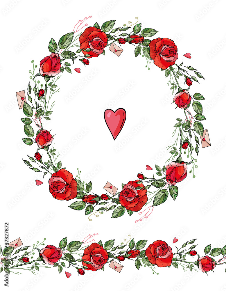 wreath of red roses with hearts and seamless brush wreath of red roses with hearts and seamless brush