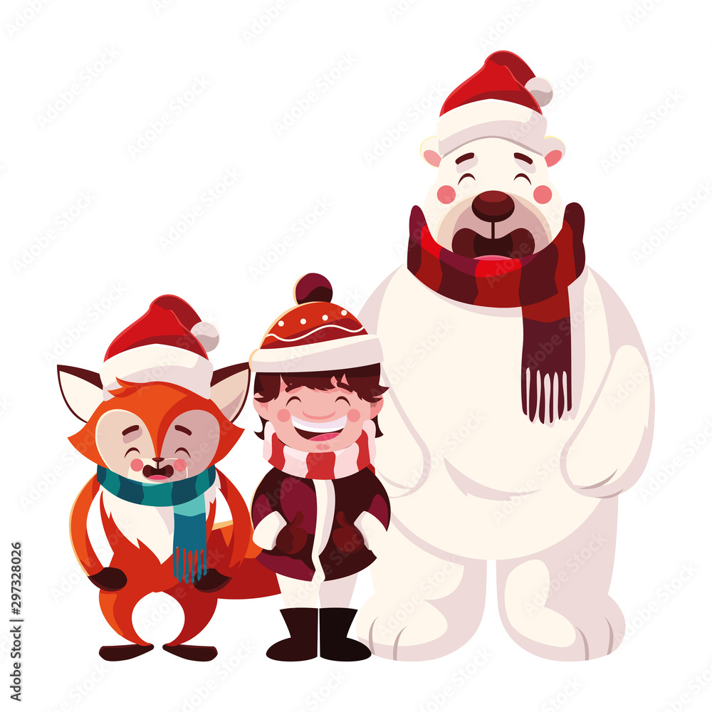 card of christmas with boy and animals in white background card of christmas with boy and animals in white background